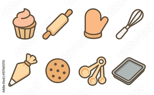 Baking essentials set. simple style baking tools: whisk, glove, tray, cupcake vector icons.
