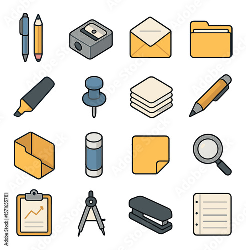 Office supplies set. simple stationery tools: pen, folder, stapler, paper, pin vector icons.