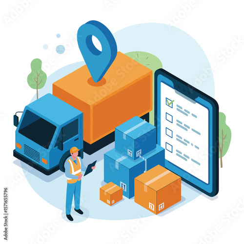Delivery worker checks checklist on tablet near truck and stacked packages with location pin