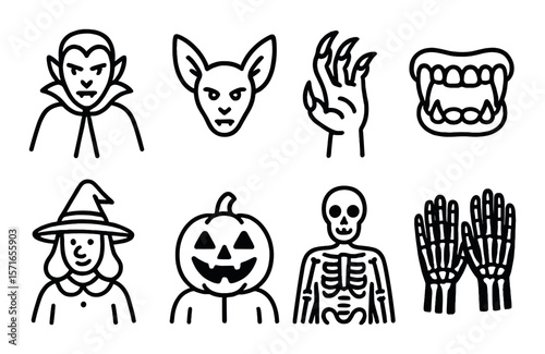 Halloween icon set. simple halloween symbols: vampire, bat, pumpkin, skeleton vector icons.