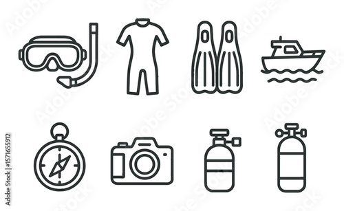 Ocean exploration set. diving linear icons. snorkel, wetsuit, fins, boat, compass, camera vector icons.