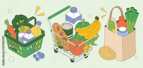 Healthy groceries in a shopping basket cart and paper bag