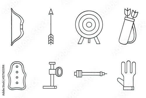 Archery equipment set. bow, arrow, target, quiver, guard, sight, stabilizer, glove vector icons.