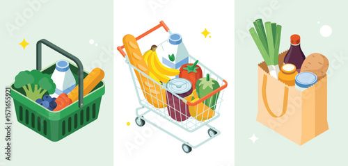 Healthy groceries in a basket shopping cart and paper bag with sparkling effects