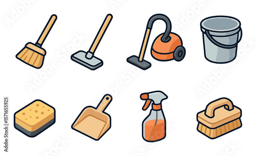 Cleaning tools set. minimalistic cleaning supplies flat broom, mop, vacuum, bucket, brush vector icons