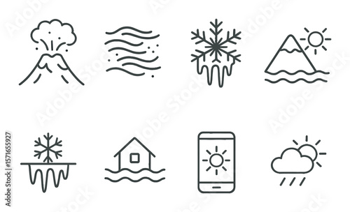 Weather symbols set. simple weather icons: volcano, wind, snow, mountain, sun, flood, phone, cloud vector icons.