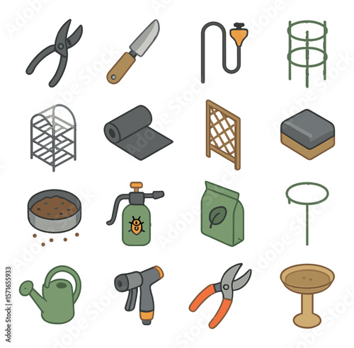 Gardening tools set. flat garden essentials: shears, trowel, hose, sprayer, trellis, shovel, watering can vector icons.