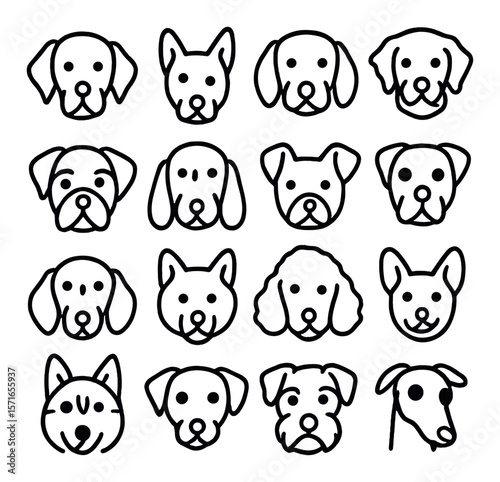 Dog head set. simple linear puppy, canine, pet, woof, pooch, muzzle vector icons