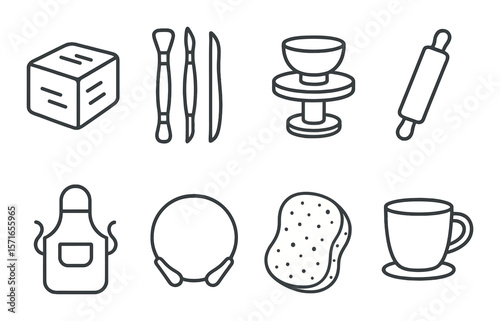 Handicraft tool set. diy and crafting flat icons. clay, brush, sponge, apron, rolling pin vector icons.