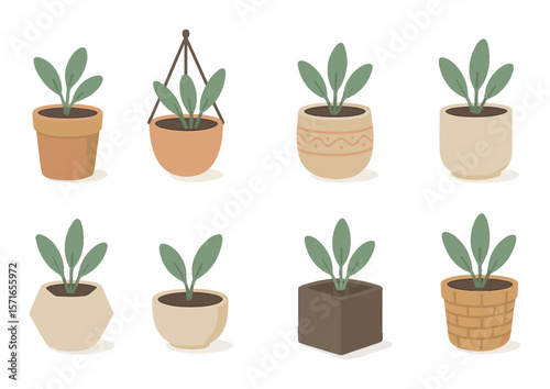 Stylish pot set. simple pot linear design. pot, planter, greenery, indoor, succulent vector icons.