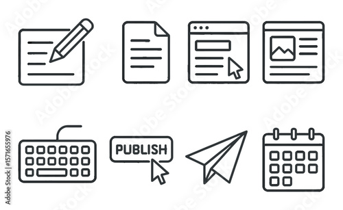 Digital content creation icon set. editing, keyboard, publish, calendar, paper, simple vector icons.