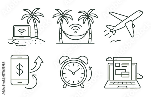 Digital nomad icon set: simple linear icons of laptop, plane, mobile, palm, clock, vector icons