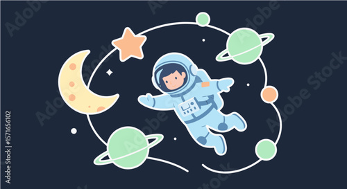 Cute Astronaut Floating in Space Orbit with Planets.Cute cartoon astronaut floating in orbit with stylized planets and stars. Whimsical space exploration illustration on a dark background.
