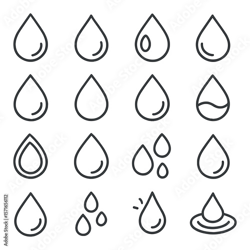 Water drop icon set. linear water drops. rain, moisture, splash, liquid, droplet vector icons.
