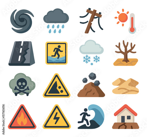 Weather hazard set: simple icons of storm, flood, fire, snow, heat, warning, rain, fog vector icons