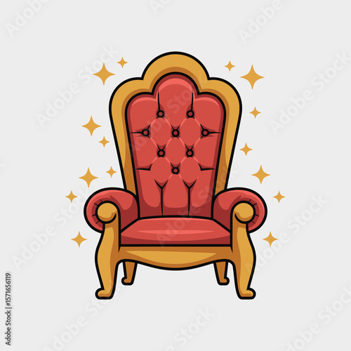 Ornate red and gold throne chair with sparkling stars illustration