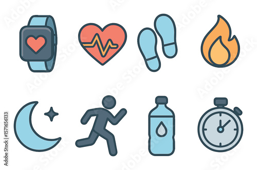 Fitness icon set. modern exercise flat designs. heart, gym, running, timer, water, moon vector icons.
