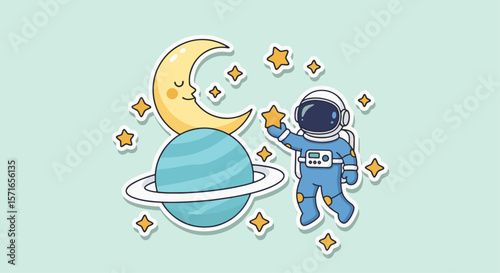 Cute Astronaut Reaching for a Star with Moon and Planet.Cute cartoon astronaut reaching for a star, with a smiling moon and ringed planet. Whimsical space adventure illustration on a light background.