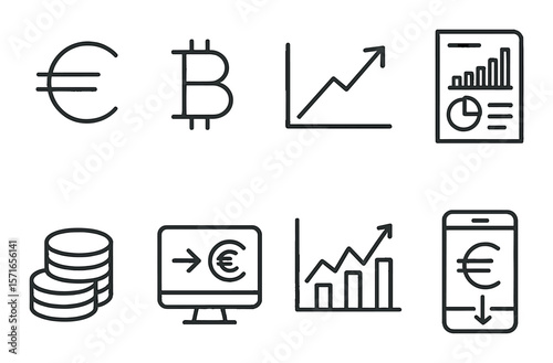 Financial icon set. linear style: euro, bitcoin, chart, document, coins, phone vector icons.