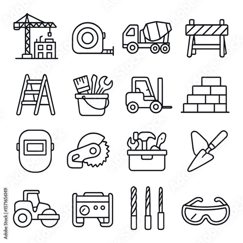 Construction tools set. building equipment simple crane, ladder, forklift, hammer vector icons