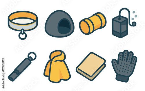 Minimalist pet accessories set. simple collar, bed, toy, lamp, whistle, scarf, brush vector icons.