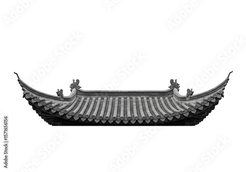 Isolated monochrome image of a traditional asian roof with curved edges and decorative elements