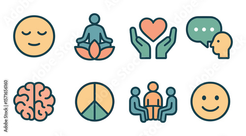 Mental wellness icon set. simple mental health, mindfulness, meditation, peace vector icons.