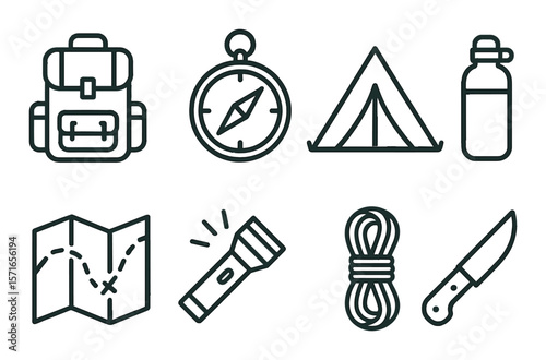 Adventure gear set. camping equipment silhouette backpack, compass, tent, knife, map icons
