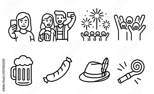 Oktoberfest celebration set. simple beer, sausage, hat, fireworks, party, friends vector icons
