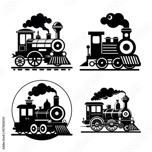 Collection of four vintage steam train icons with smoke puffs in black and white silhouette style