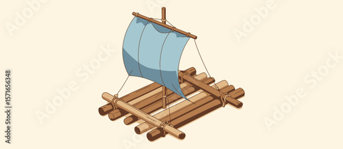 Simple wooden raft with a blue sail on a light background