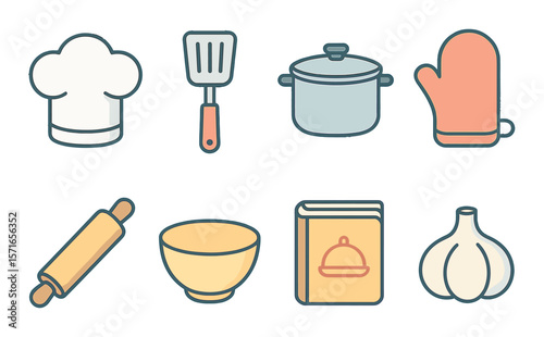 Cooking icon set. modern kitchen tools, chef hat, pot, mitt, bowl, garlic, vector icons
