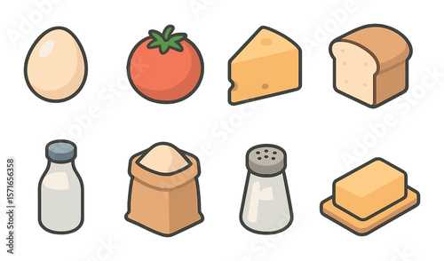 Cooking ingredients set. simple food icons. egg, tomato, cheese, milk, salt, bread vector icons.
