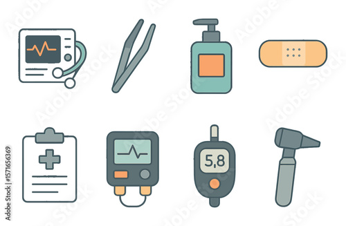 Medical icon set. healthcare silhouette: stethoscope, tweezers, bandage, clipboard vector icons.
