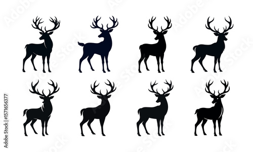 Collection of majestic stag deer antlered animal silhouettes standing proudly in various poses