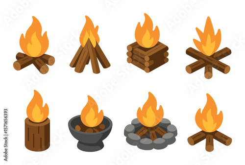 Campfire set. isometric fire wood designs. campfire, flame, wood, stone, log vector icons.
