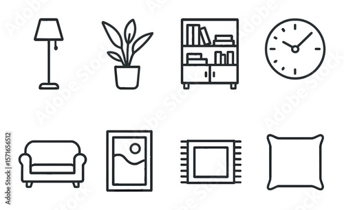 Home decor set. linear style icons: lamp, plant, bookshelf, clock, sofa, art, cushion