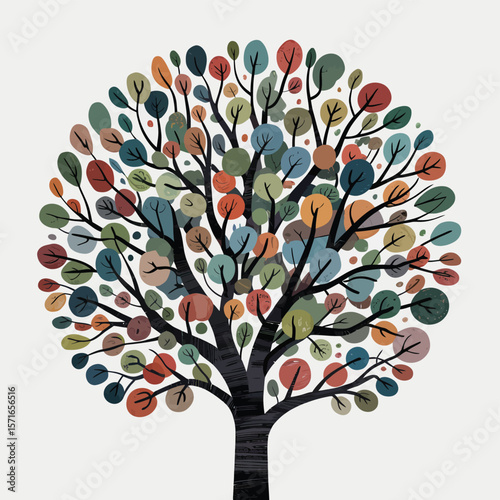 Whimsical stylized tree with colorful circular leaves and branches against a light background