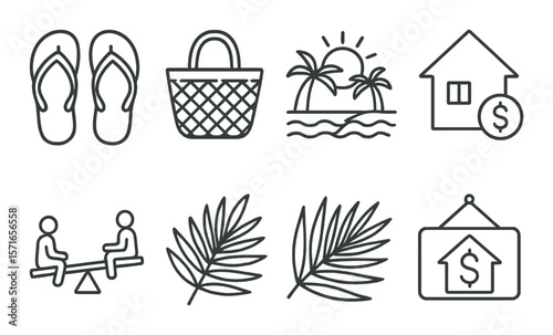 Beach vacation set: island living linear icons. flip-flop, palm, house, price, bag vector icons.