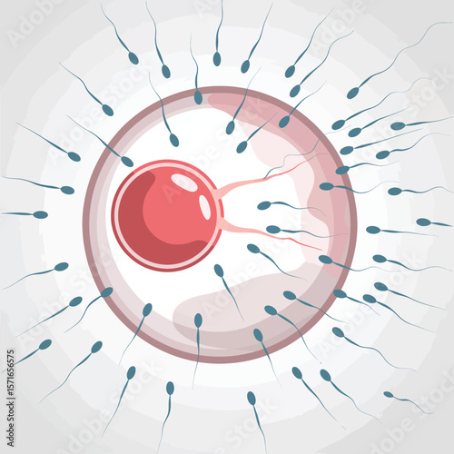 Fertilization process illustration showing sperm cells surrounding an egg cell