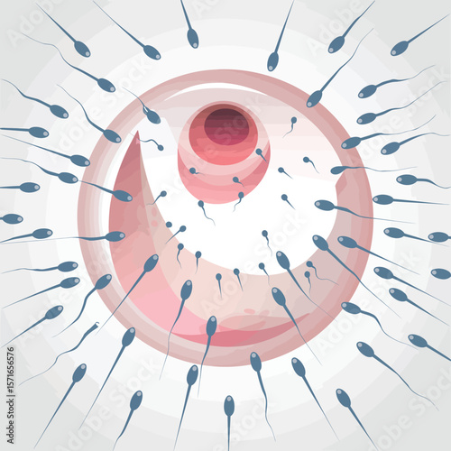 Sperm cells approaching and surrounding an egg cell during fertilization process
