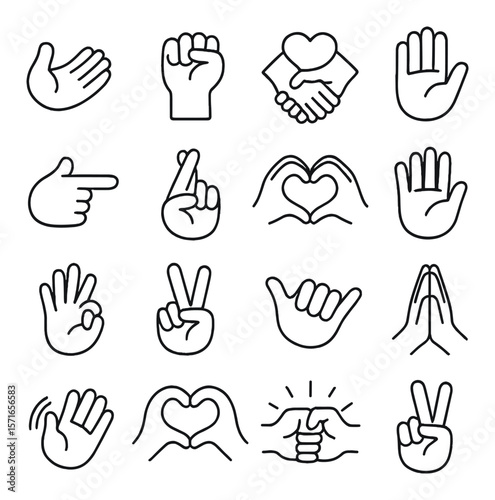 Hand gesture set. communication simple gestures. fist, heart, wave, peace, handshake vector icons.