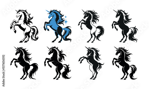 Collection of majestic unicorns reared up in dynamic poses and styles silhouette