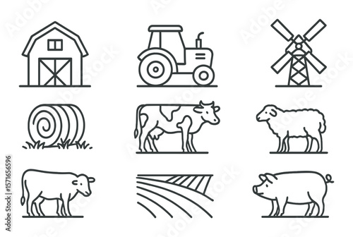 Farm icon set. simple linear farmhouse, tractor, windmill, cow, sheep, pig vector icons