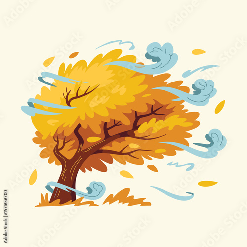 Stylized autumn tree with golden leaves blowing in the wind and swirling clouds