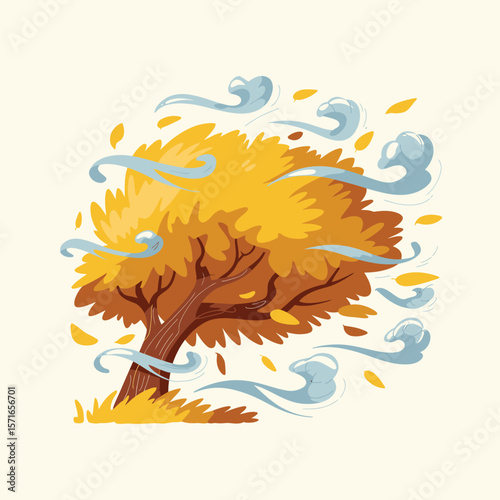 Autumn tree with golden leaves blowing in the wind and swirling blue gusts