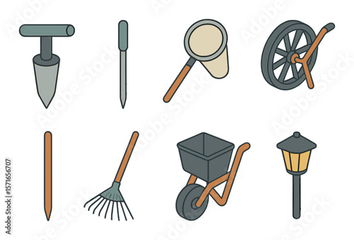 Gardening tools set. modern flat shovel, rake, wheelbarrow, lamp, thermometer vector icons.