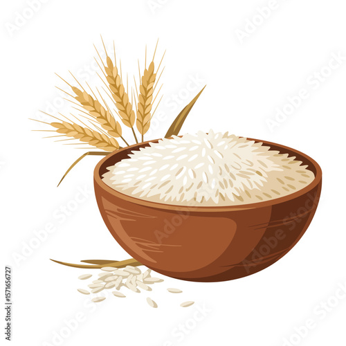 Bowl of white rice with wheat stalks and scattered grains on white background