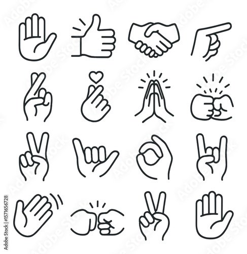 Gesture icon set. simple hand signs: wave, thumbs-up, peace, fist, heart vector icons.