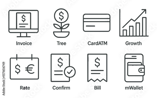 Financial icon set. simple line style. invoice, tree, card, growth, rate, confirm vector icons.